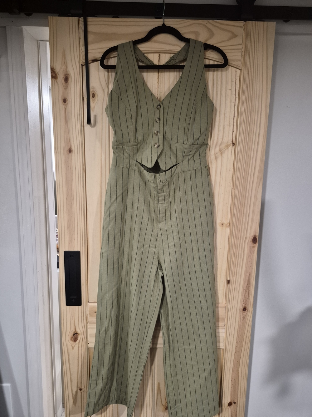 Love Tree Olive Green Pinstripe Cutout Jumpsuit